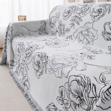 Premium 320 GSM Chenille Sofa Cover Throw All Season 'Serene Abode Series', White Rose Garden