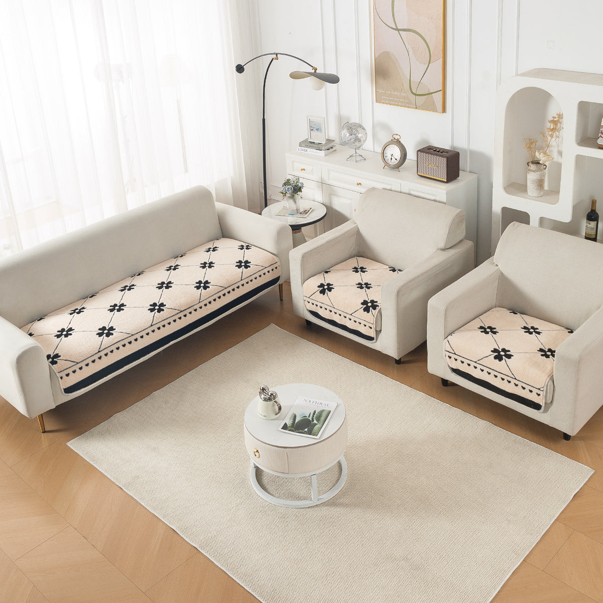 Luxury Plush Sherpa Anti Slip Combination Sofa Mat, 'Noirea Series'|Floral Lattice