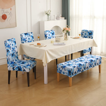 Premium Velvet Cover Set for 4 Dining Chairs + 1 Dining Bench, Blue Azure Botanical