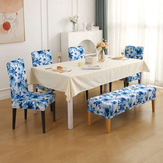 Premium Velvet Cover Set for 4 Dining Chairs + 1 Dining Bench, Blue Azure Botanical