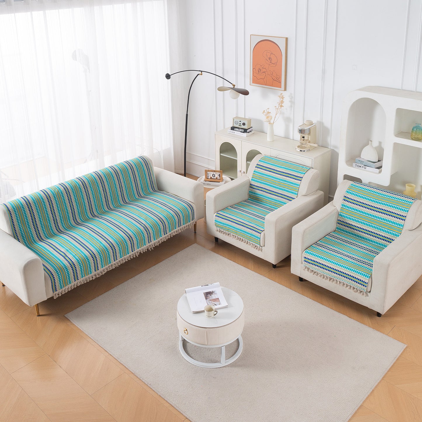Artisan Boho Series 5-Seater Sofa Cover with Tassels (3+1+1), Aqua Blue