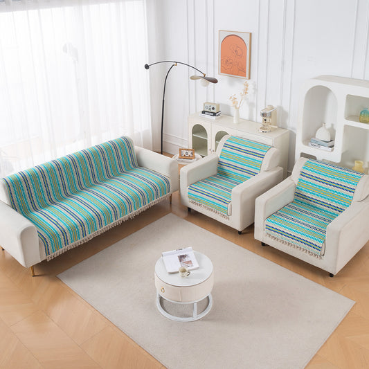 Artisan Boho Series 5-Seater Sofa Cover with Tassels (3+1+1), Aqua Blue