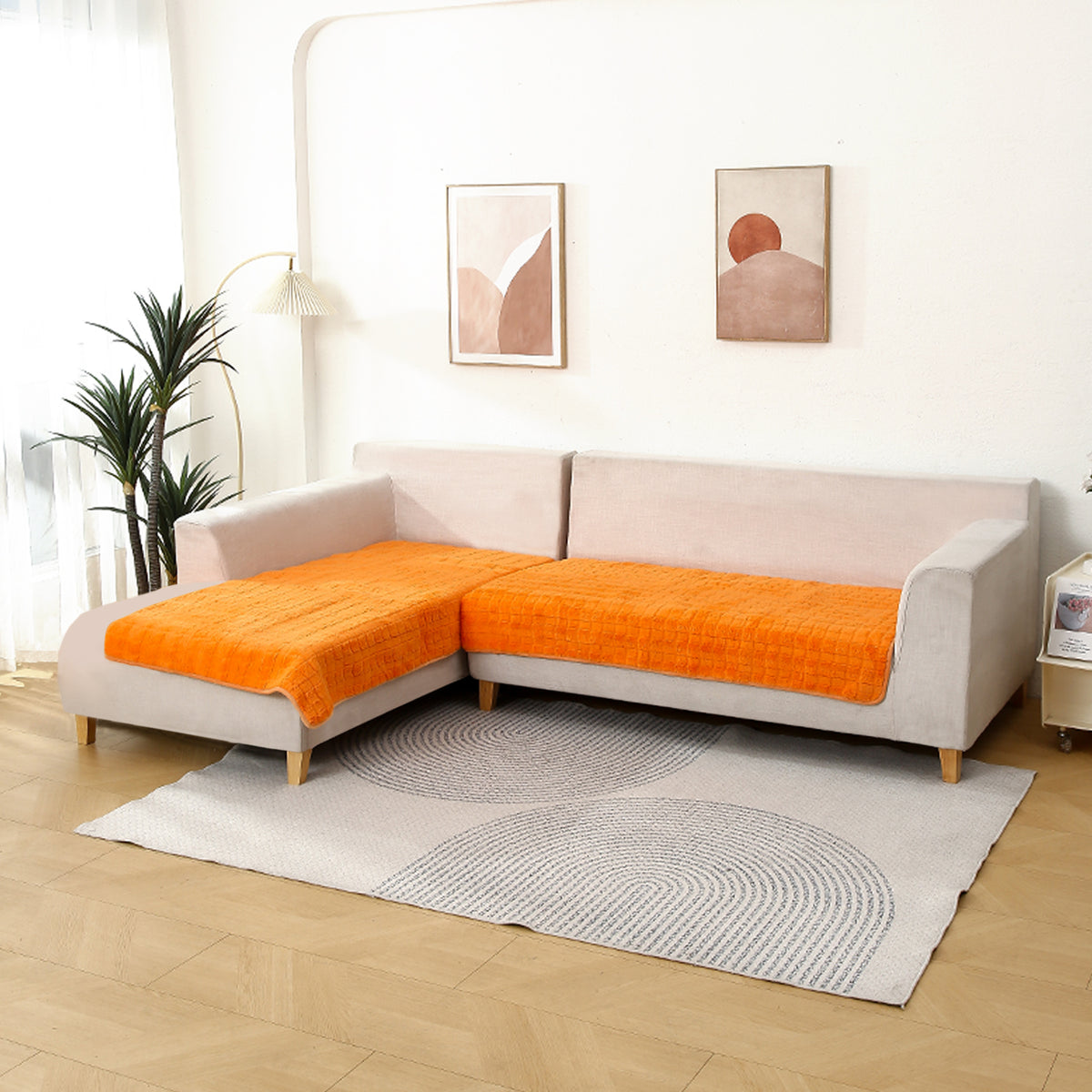 Luxury Plush Sofa Mat for 3 Seater and 2 Seater Sofa (L Shape), Orange