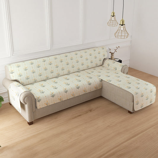 HomeHues Series Quilted Sofa Cover with Secure Fit Belt for L Shape sofa, Light Green Ash Gypsy Flower