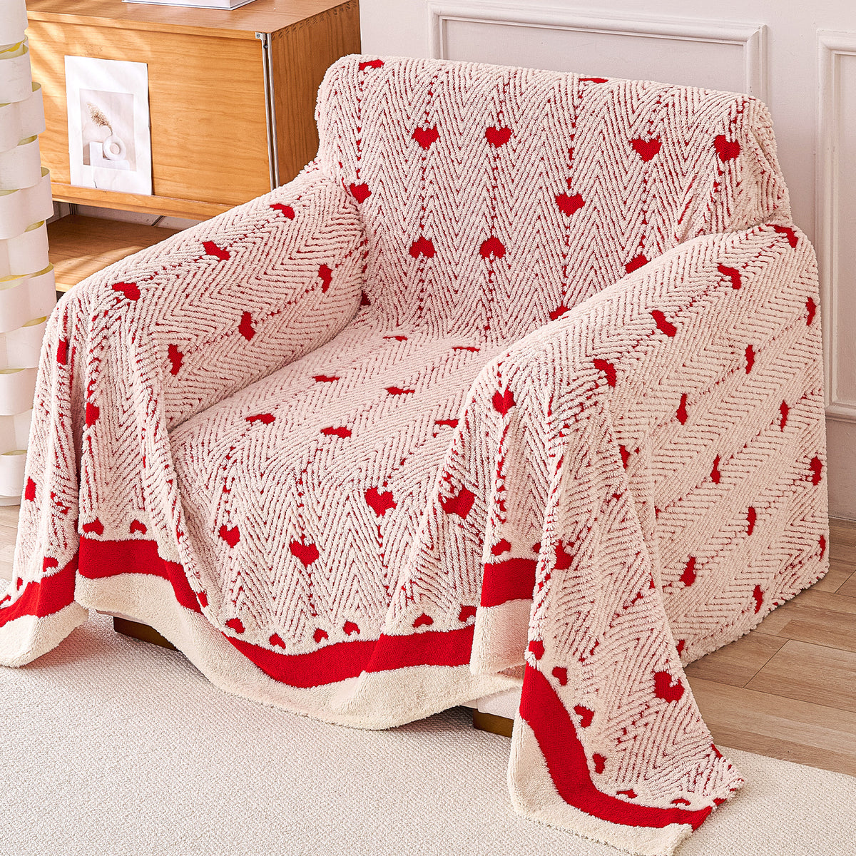 Buy Cherry Cream Colour Cozy Heart Series Luxury Plush Sofa Throw | HOKIPO