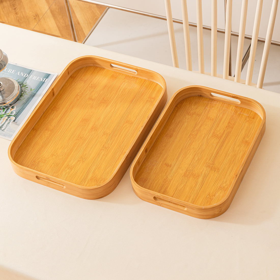 Bamboo Wooden Serving Tray Set with Handles | Set of 2
