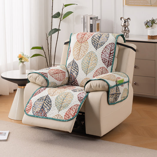 Quilted Cover for Recliner Sofa with SecureFit Belt & Side Pocket, Multicolor Linden Leaf