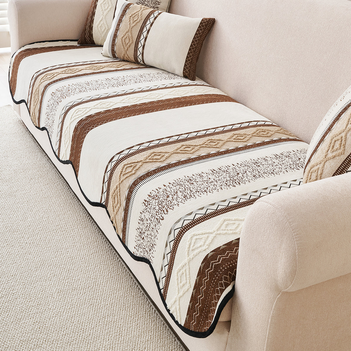 'Valenca Wavy Luxe Series' Boho Geometry Sofa Cover Mat, Brown