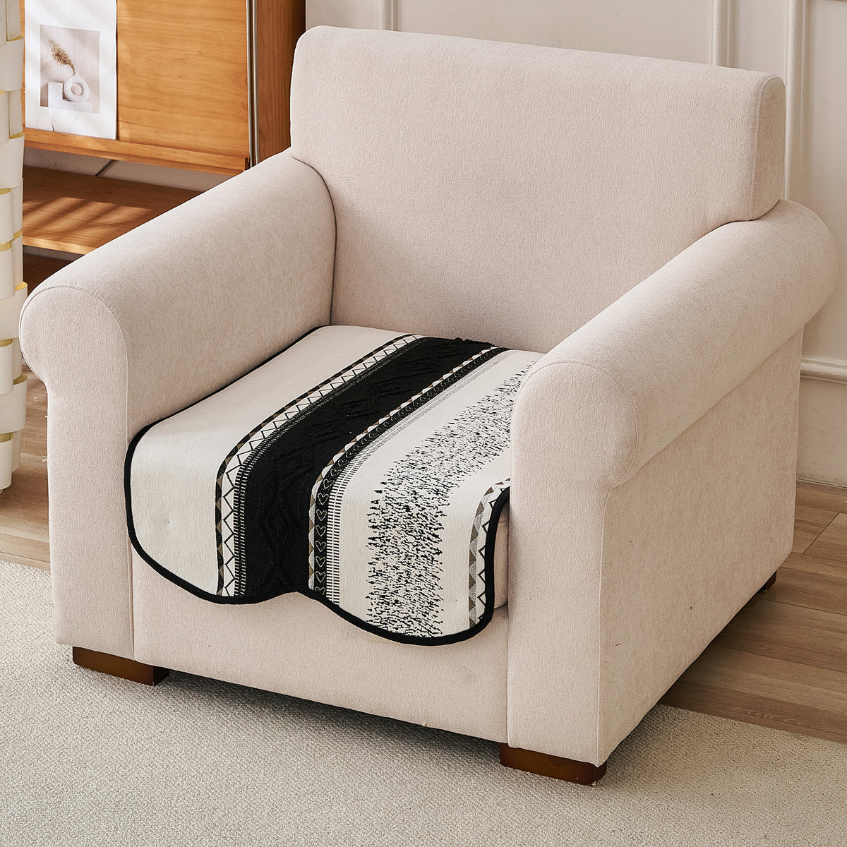 'Valenca Wavy Luxe Series' Boho Geometry Sofa Cover Mat, Midnight Black