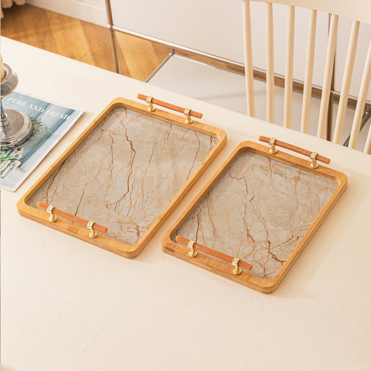 Luxury Bamboo Serving Tray Set with Faux Marble Base with Golden Handles