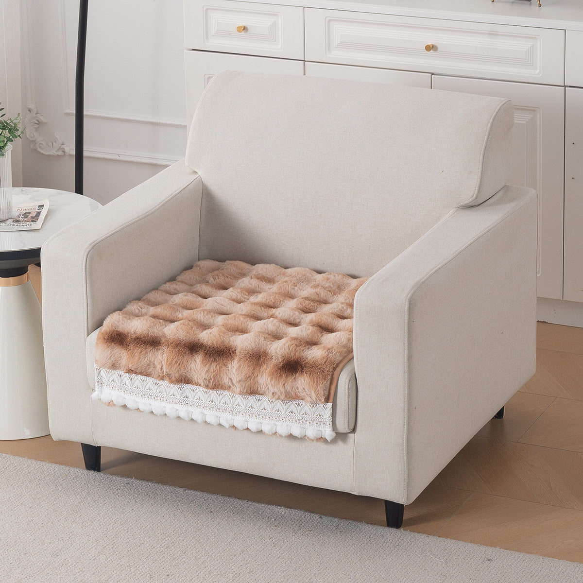 Faux Rabbit Fur Sofa Cover with Lace |Gradient Rabbit Plush, Brown