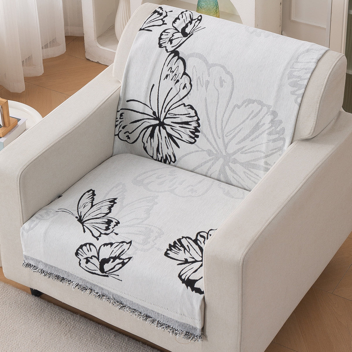 Premium 320 GSM Chenille Sofa Cover 'Serene Abode Series', Monochrome Butterfly
