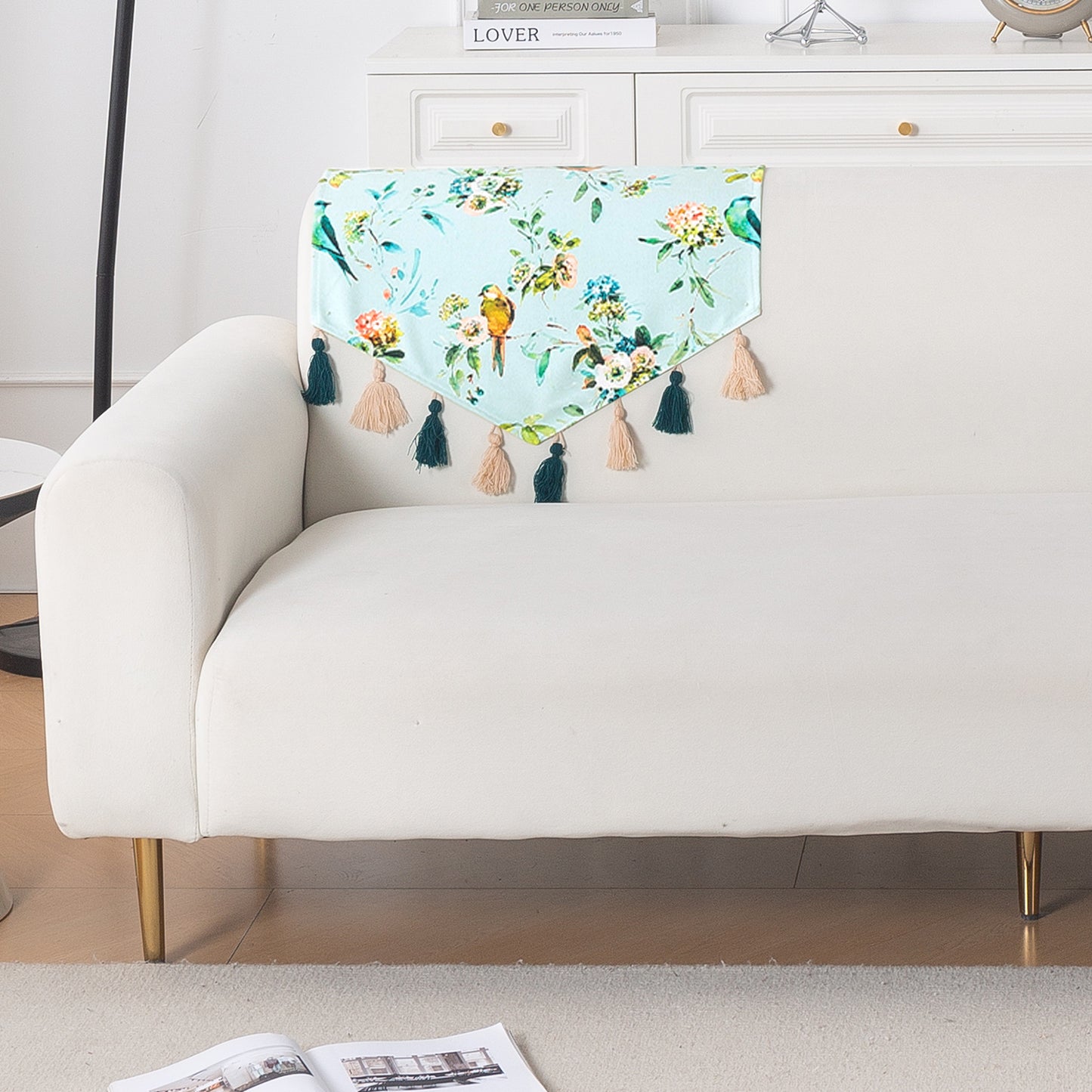 'Whispers of Nature' Series Holland Velvet Sofa Mat with Tassel, Mint Birdsong Blossom