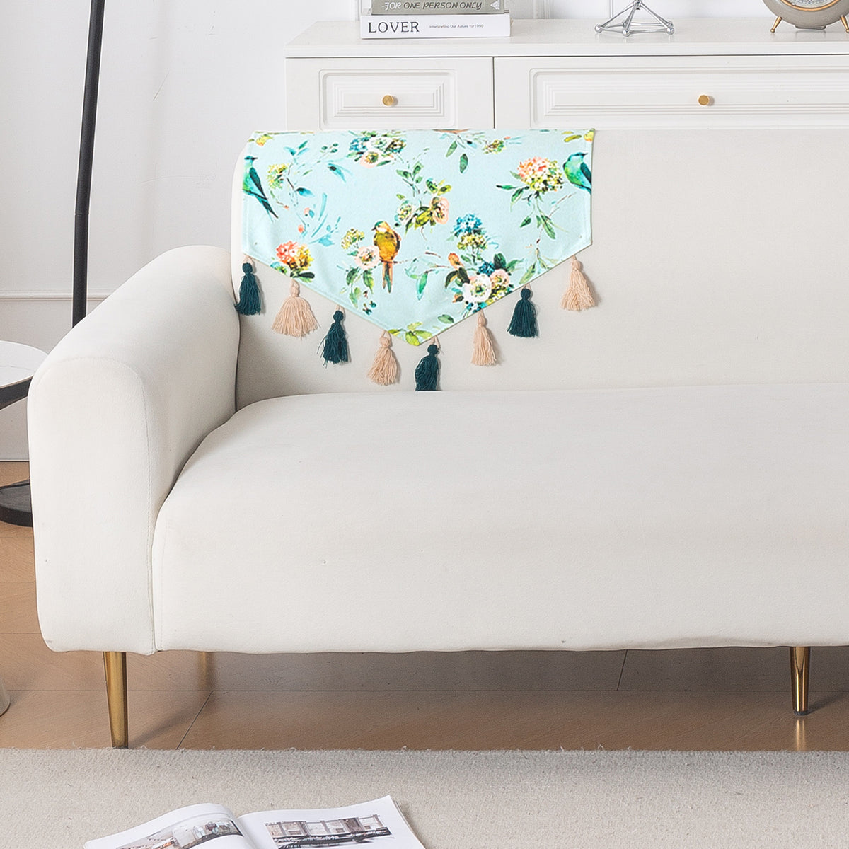 'Whispers of Nature' Series Holland Velvet Sofa Mat with Tassel, Mint Birdsong Blossom