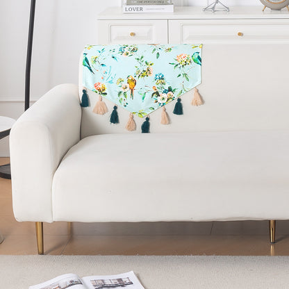'Whispers of Nature' Series Holland Velvet Sofa Mat with Tassel, Mint Birdsong Blossom