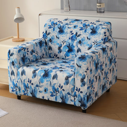 Premium Printed Velvet Sofa Cover 1/2/3 Seaters Fully Covered, Blue Azure Botanical