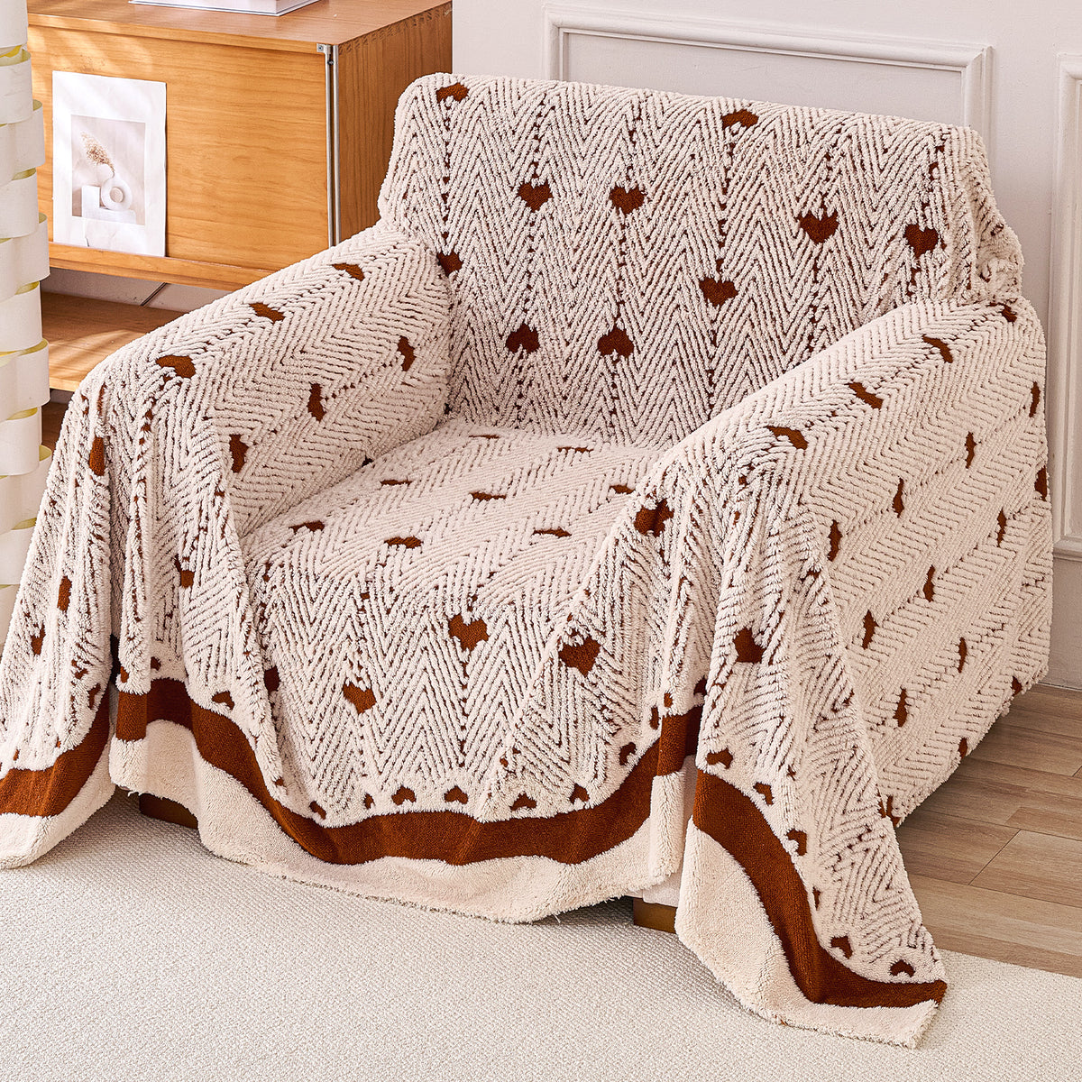 Buy Mocha Cream Colour Cozy Heart Series Luxury Plush Sofa Throw | HOKIPO