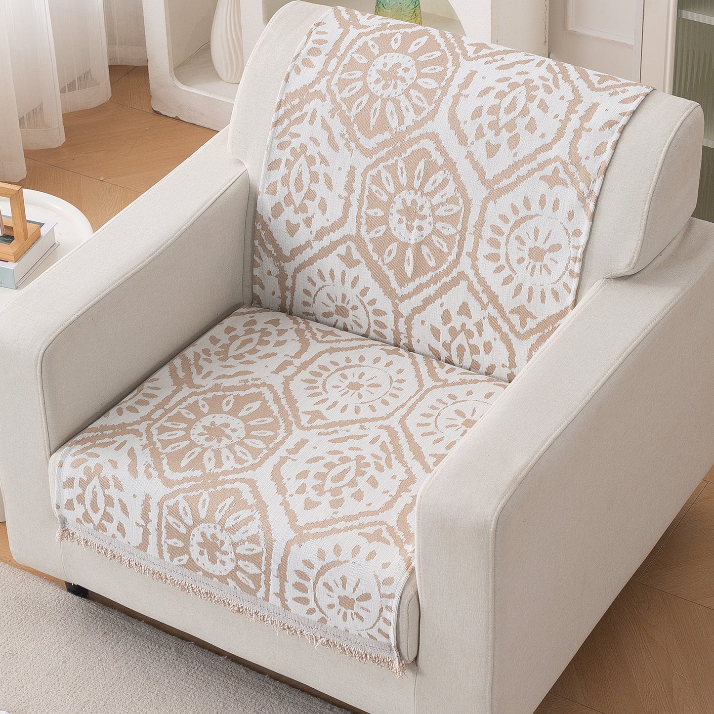 Premium 320 GSM Chenille Sofa Cover 'Serene Abode Series', Boho Floral Tile