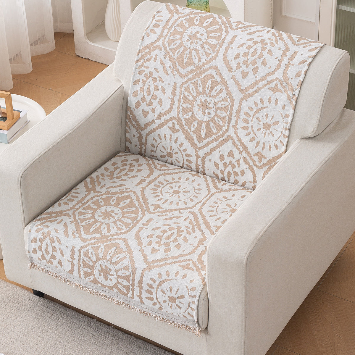 Premium 320 GSM Chenille Sofa Cover 'Serene Abode Series', Boho Floral Tile