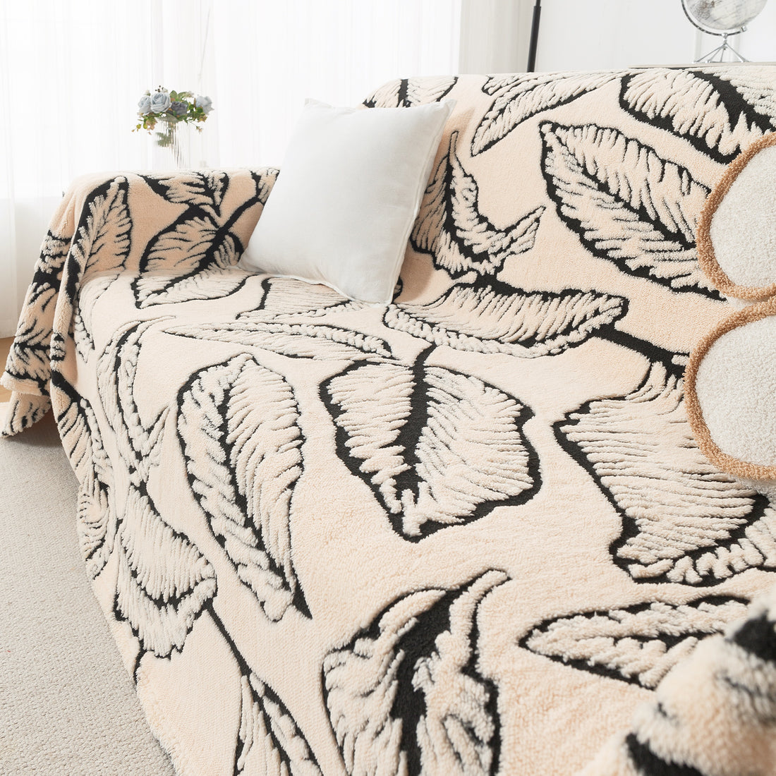 Buy Botanical Leaf Design Noirea Series Plush Sherpa Sofa Throw for Complete Sofa | HOKIPO