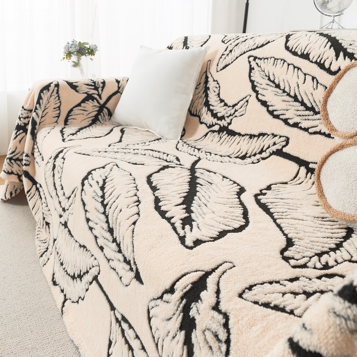 Buy Botanical Leaf Design Noirea Series Plush Sherpa Sofa Throw for Complete Sofa | HOKIPO