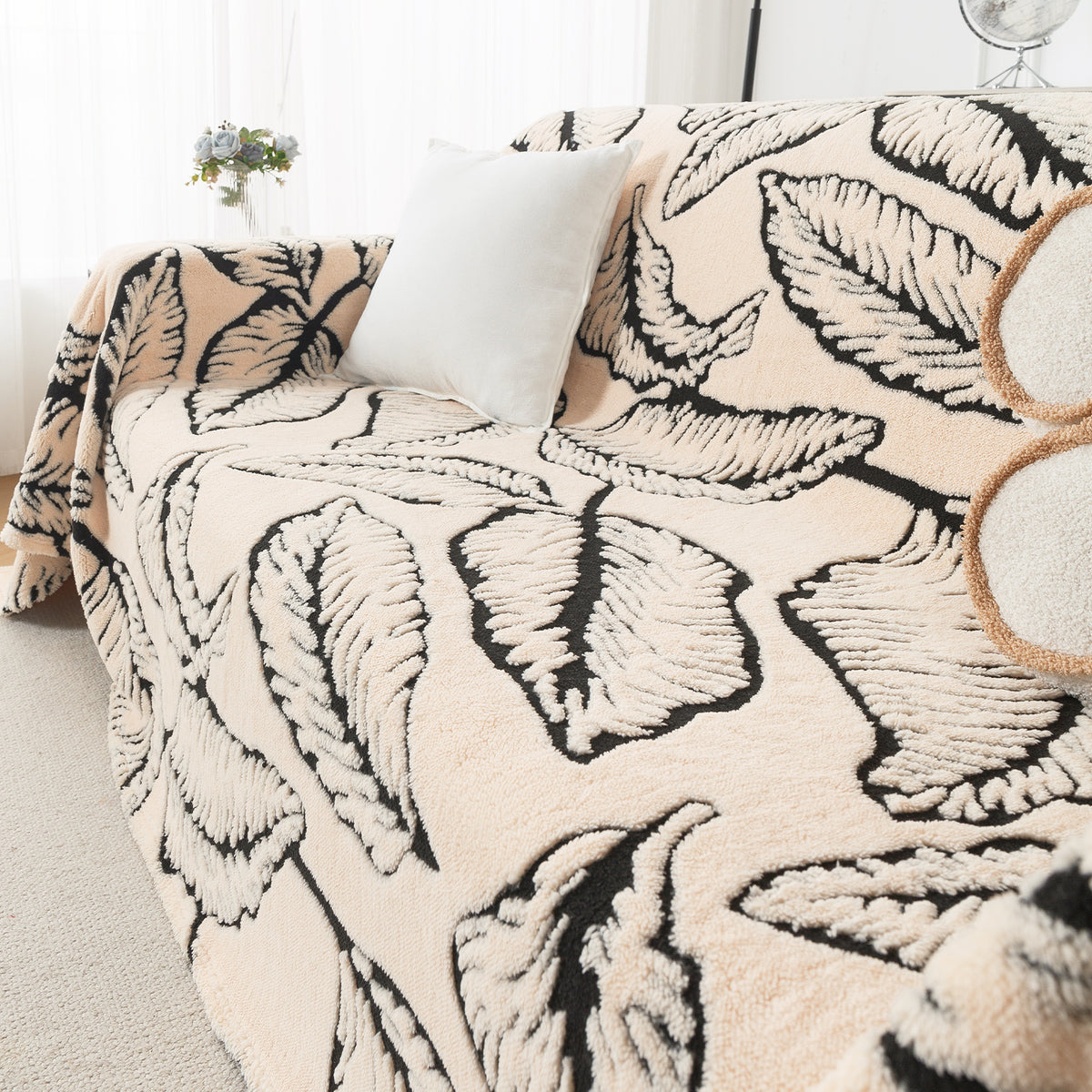 Buy Botanical Leaf Design Noirea Series Plush Sherpa Sofa Throw for Complete Sofa | HOKIPO