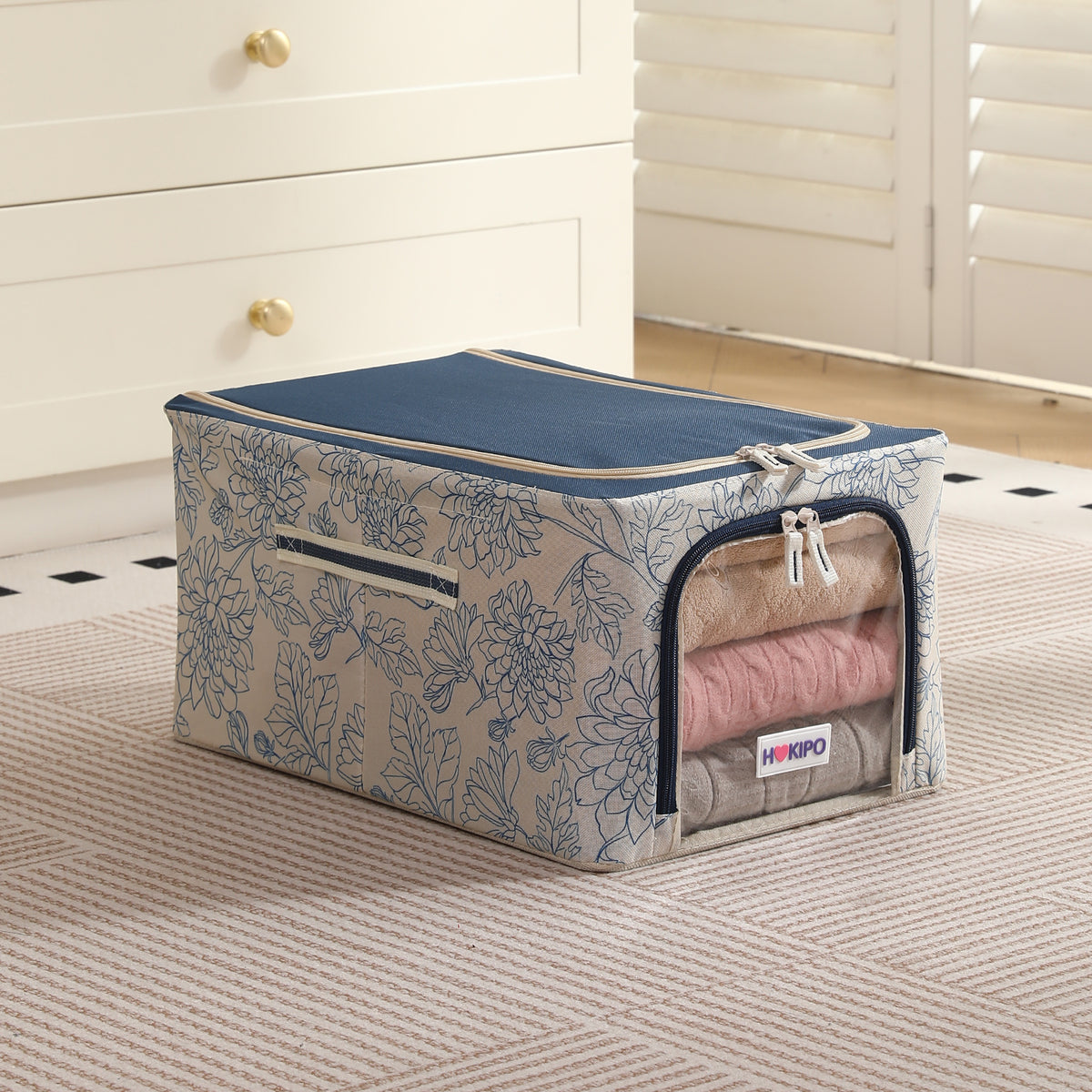 Foldable Cloth Storage Organizer for Wardrobe, Blue Blossom