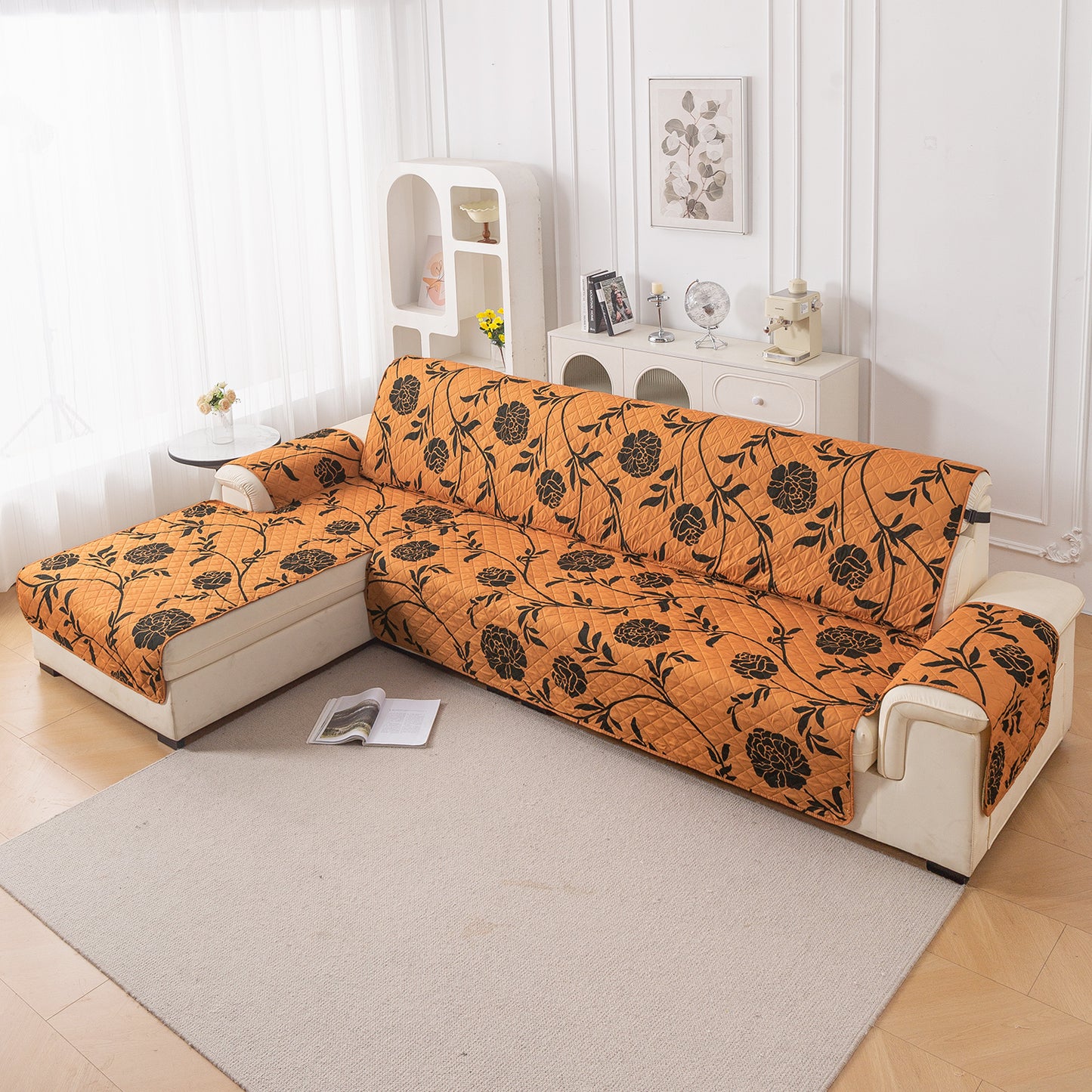 Elira Series Quilted One-Piece L Shape Sofa Cover Mat with Left and Right Chaise, Copper Brown Floral