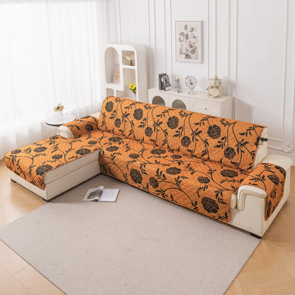 Elira Series Quilted One-Piece L Shape Sofa Cover Mat with Left and Right Chaise, Copper Brown Floral
