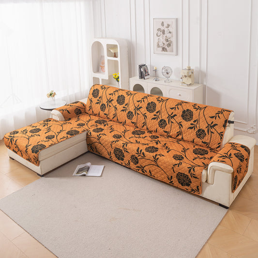 Elira Series Quilted One-Piece L Shape Sofa Cover Mat with Left and Right Chaise, Copper Brown Floral