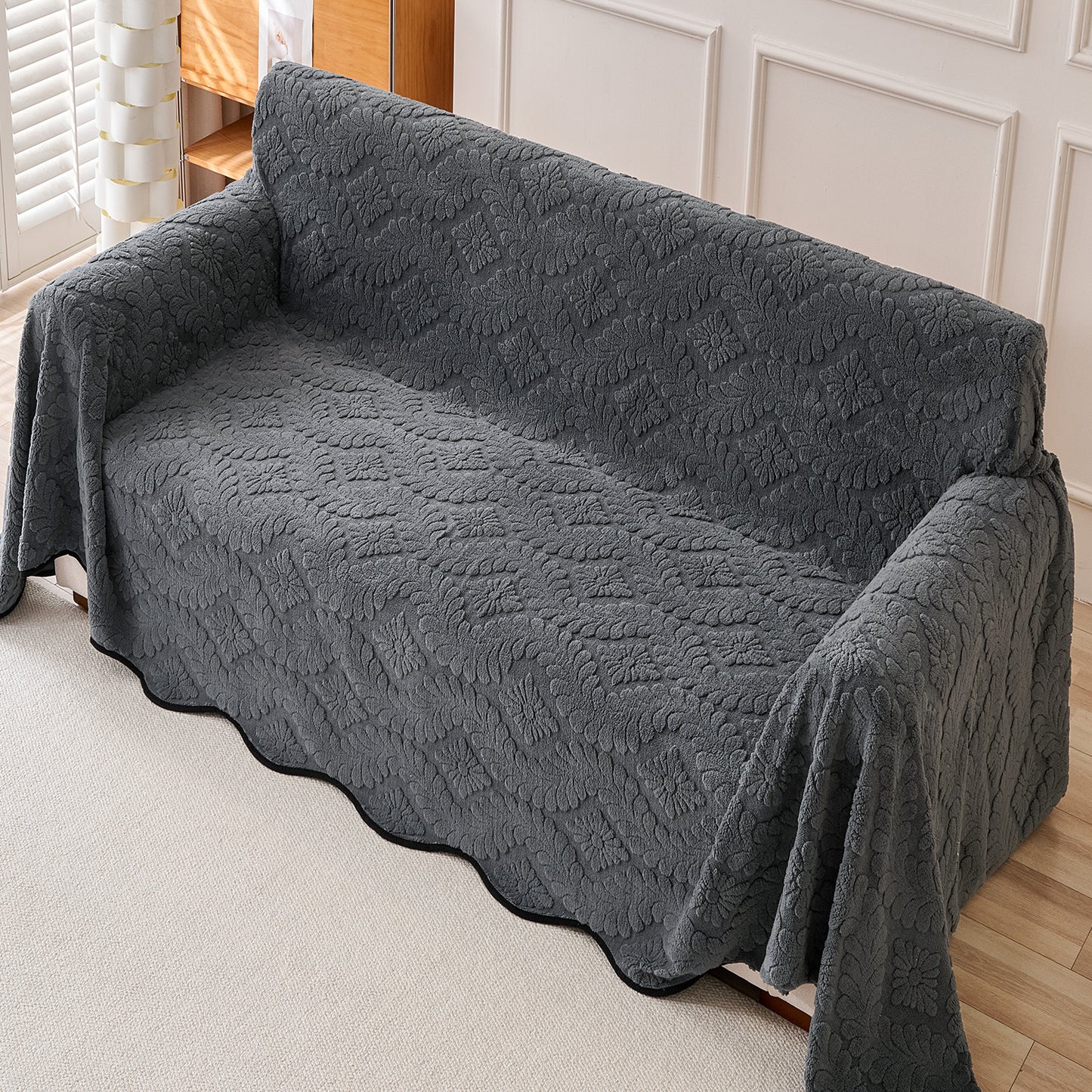 Buy Charcoal Grey Colour Wavy Petal Crest Series Plush Sofa Throw for Complete Sofa | HOKIPO