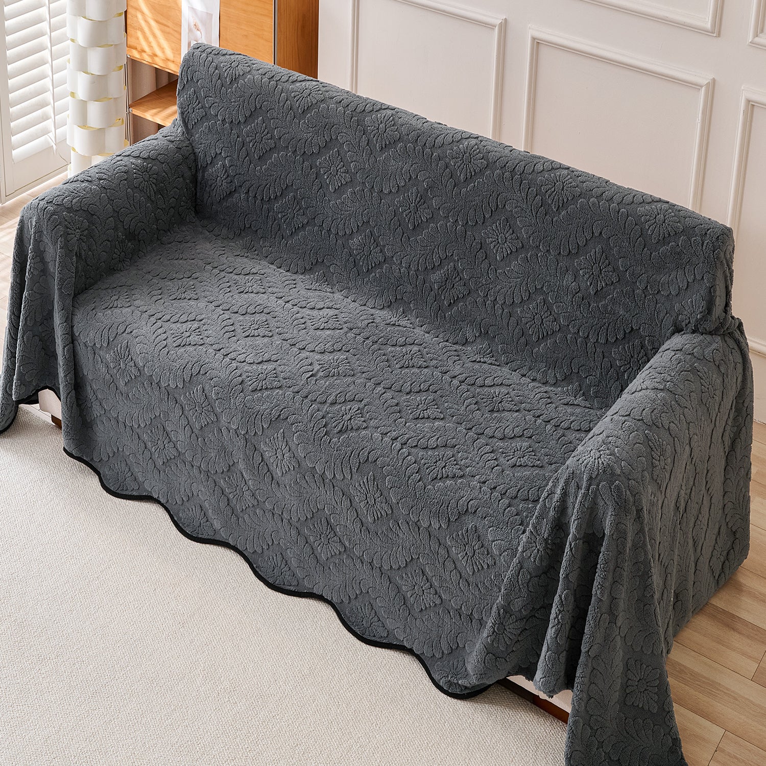 Buy Charcoal Grey Colour Wavy Petal Crest Series Plush Sofa Throw for Complete Sofa | HOKIPO