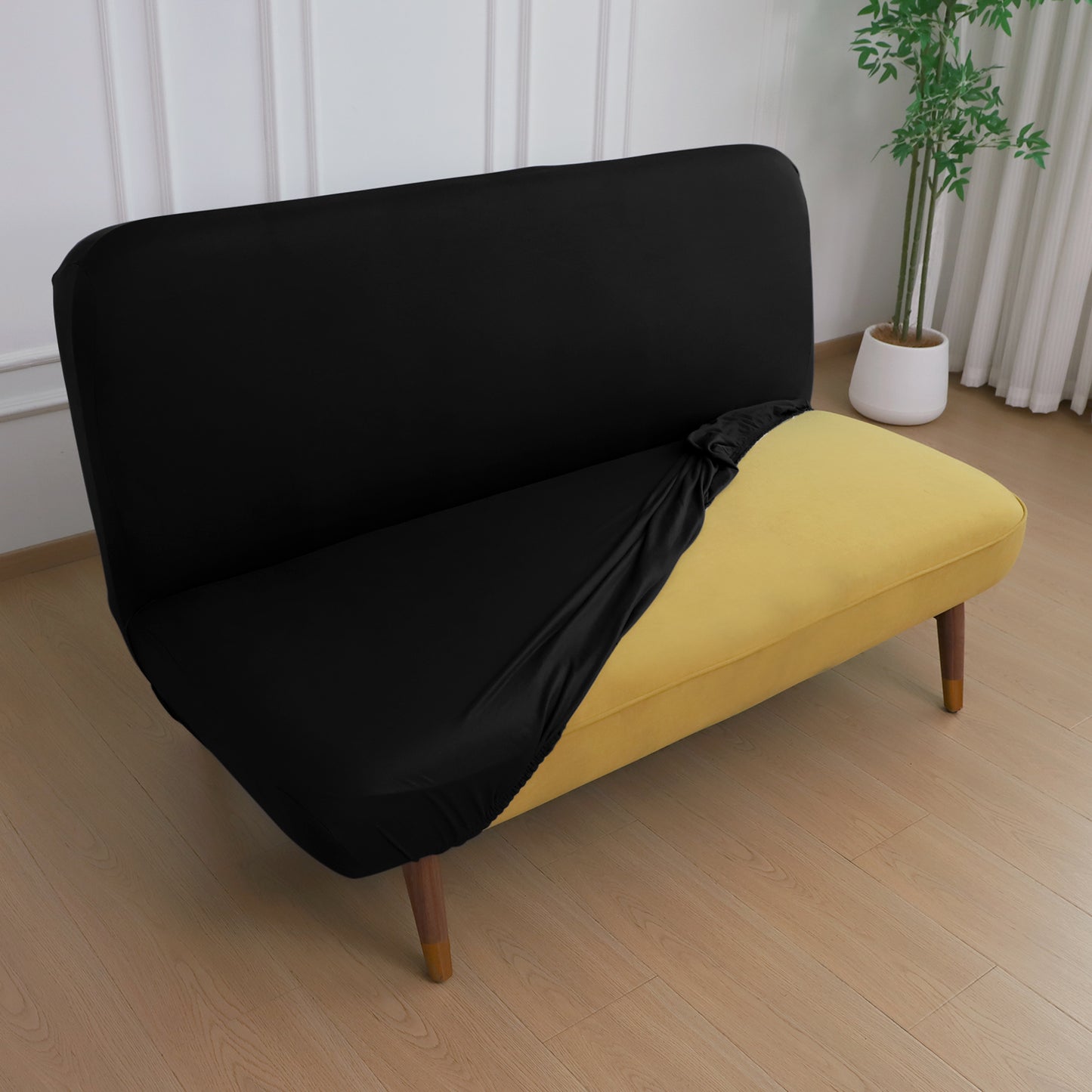 SereneSolids Stretchable Elastic Armless Sofa Cover – 140 GSM, Futon Slipcover, Easy Fit, Black