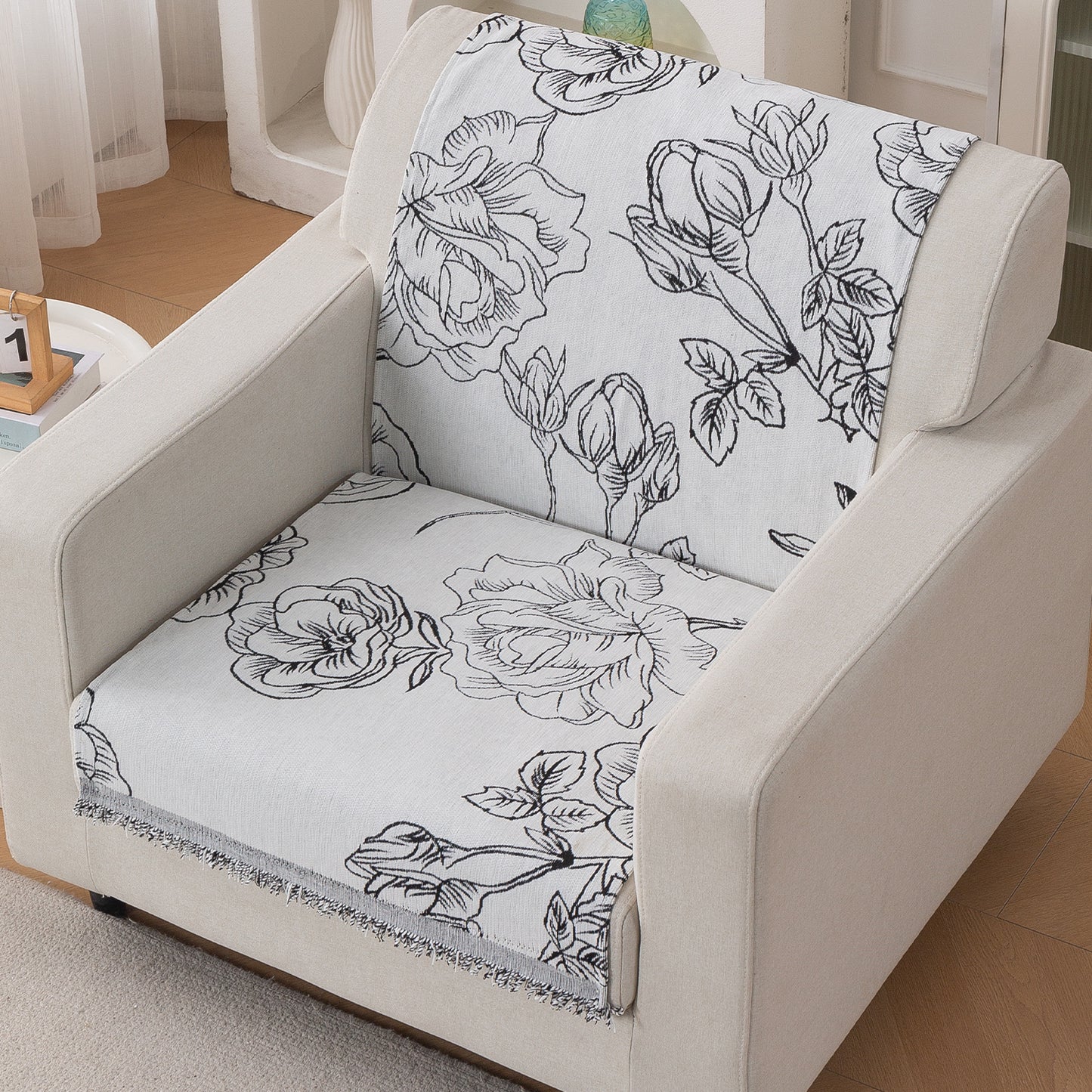 Premium 320 GSM Chenille Sofa Cover 'Serene Abode Series', White Rose Garden