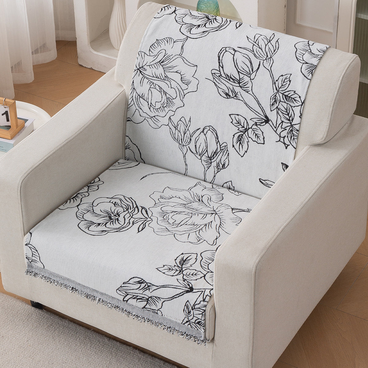 Premium 320 GSM Chenille Sofa Cover 'Serene Abode Series', White Rose Garden