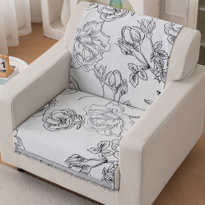 Premium 320 GSM Chenille Sofa Cover 'Serene Abode Series', White Rose Garden