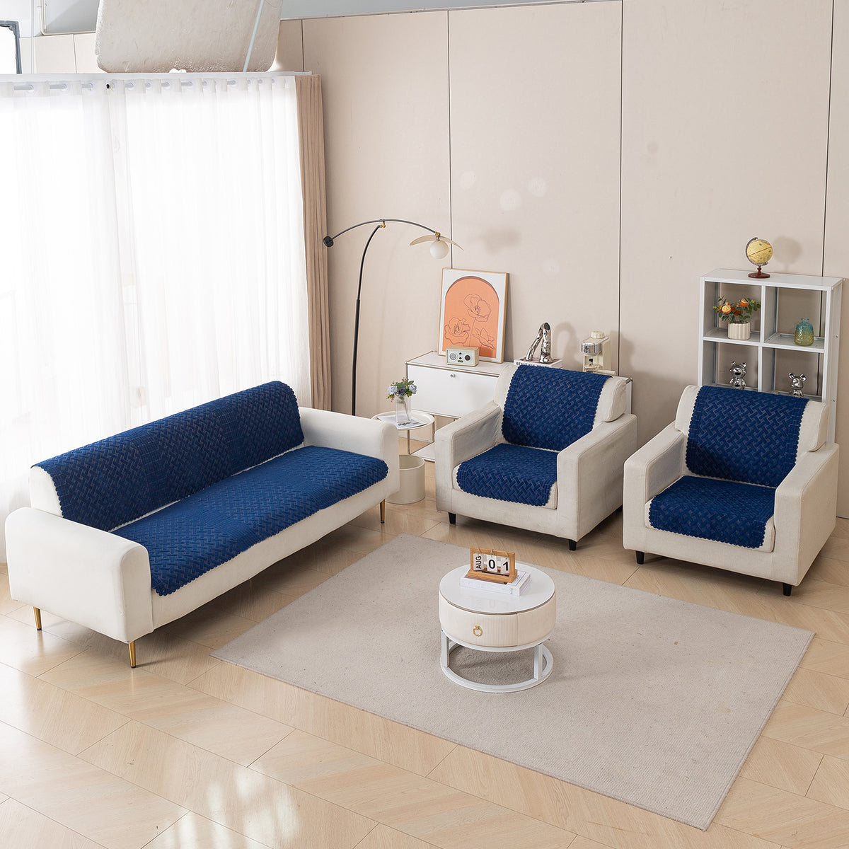 Modern Matrix 5-Seater Reversible Sofa Cover (3+1+1), Midnight Blue