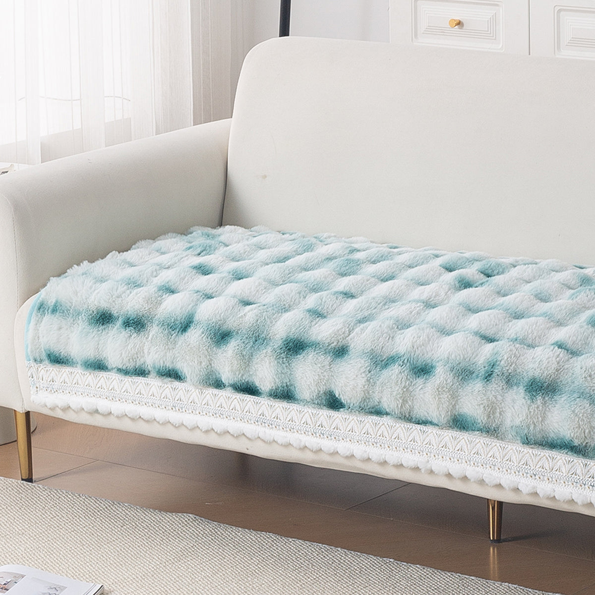 Faux Rabbit Fur Sofa Cover with Lace |Gradient Rabbit Plush, Green