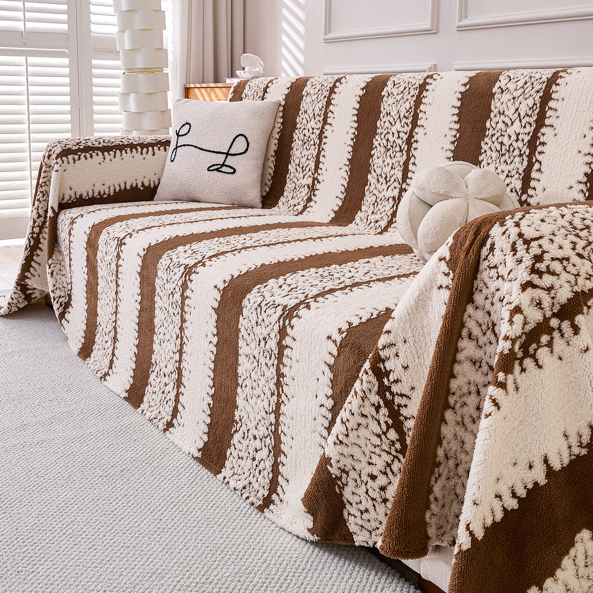 Buy Desert Brown Colour Luxury Wavy Plush Sofa Throw Cover – 3 Seater Sofas | HOKIPO
