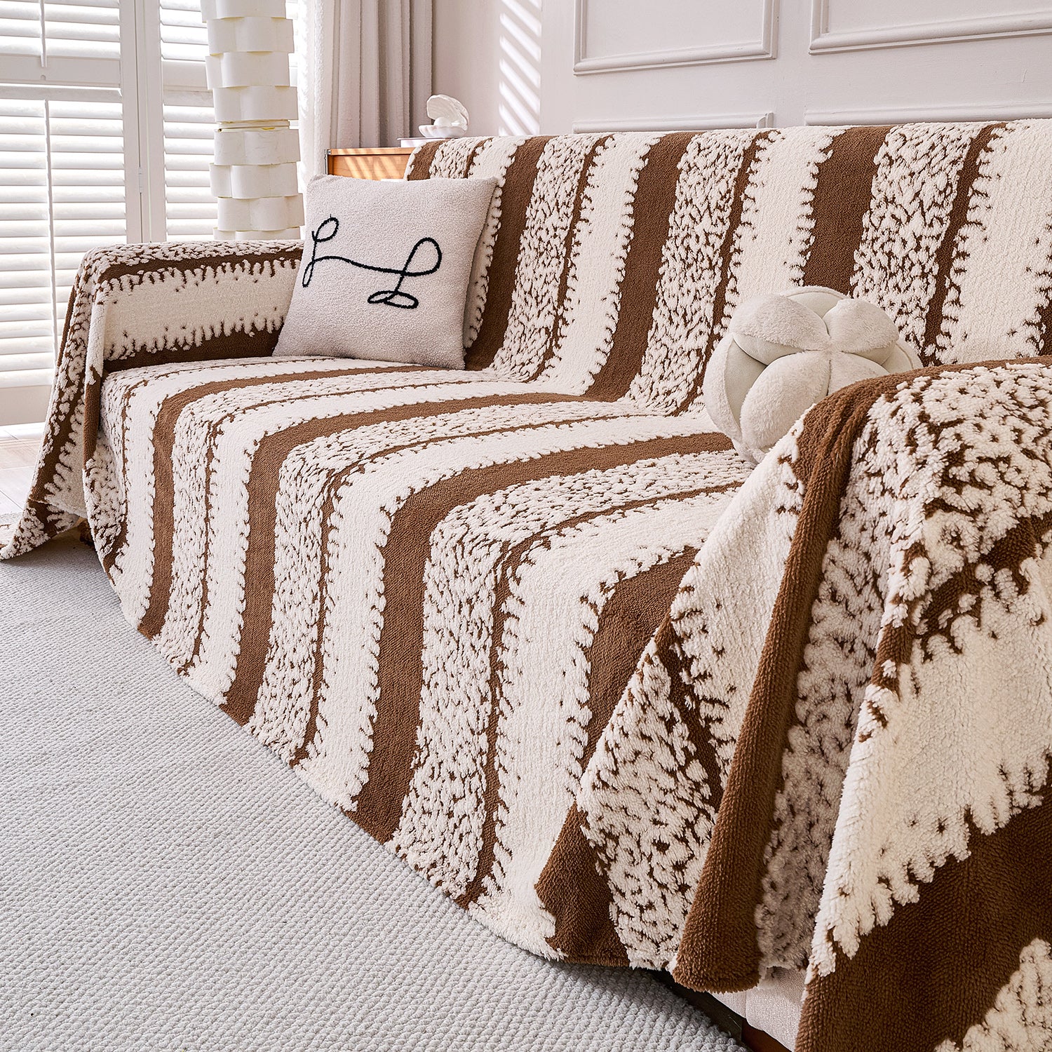 Buy Desert Brown Colour Luxury Wavy Plush Sofa Throw Cover – 3 Seater Sofas | HOKIPO