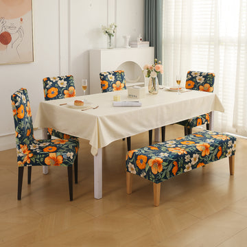 Premium Velvet Cover Set for 4 Dining Chairs + 1 Dining Bench, Teal Twilight Garden