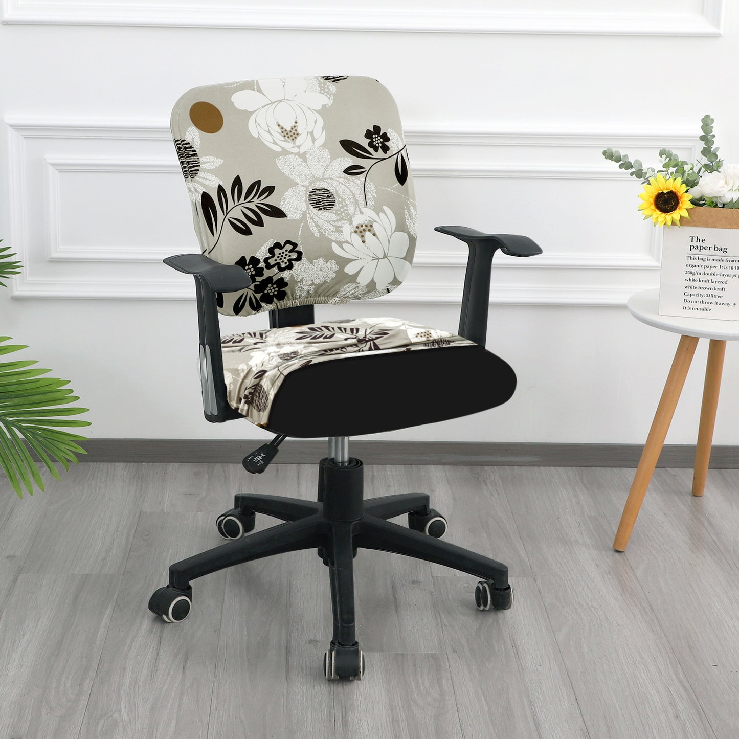 Printed Office Chair Cover for Task Chair – 140 GSM Stretchable Fabric – Washable & Anti-Slip – Fits Small Office Chairs Without Headrest, Feather Brown Floral