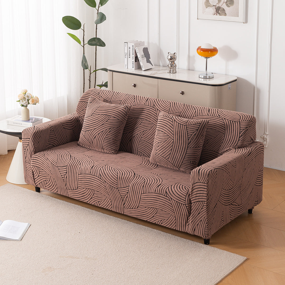 Buy rust brown colour waveline series jacquard two seater sofa cover​s