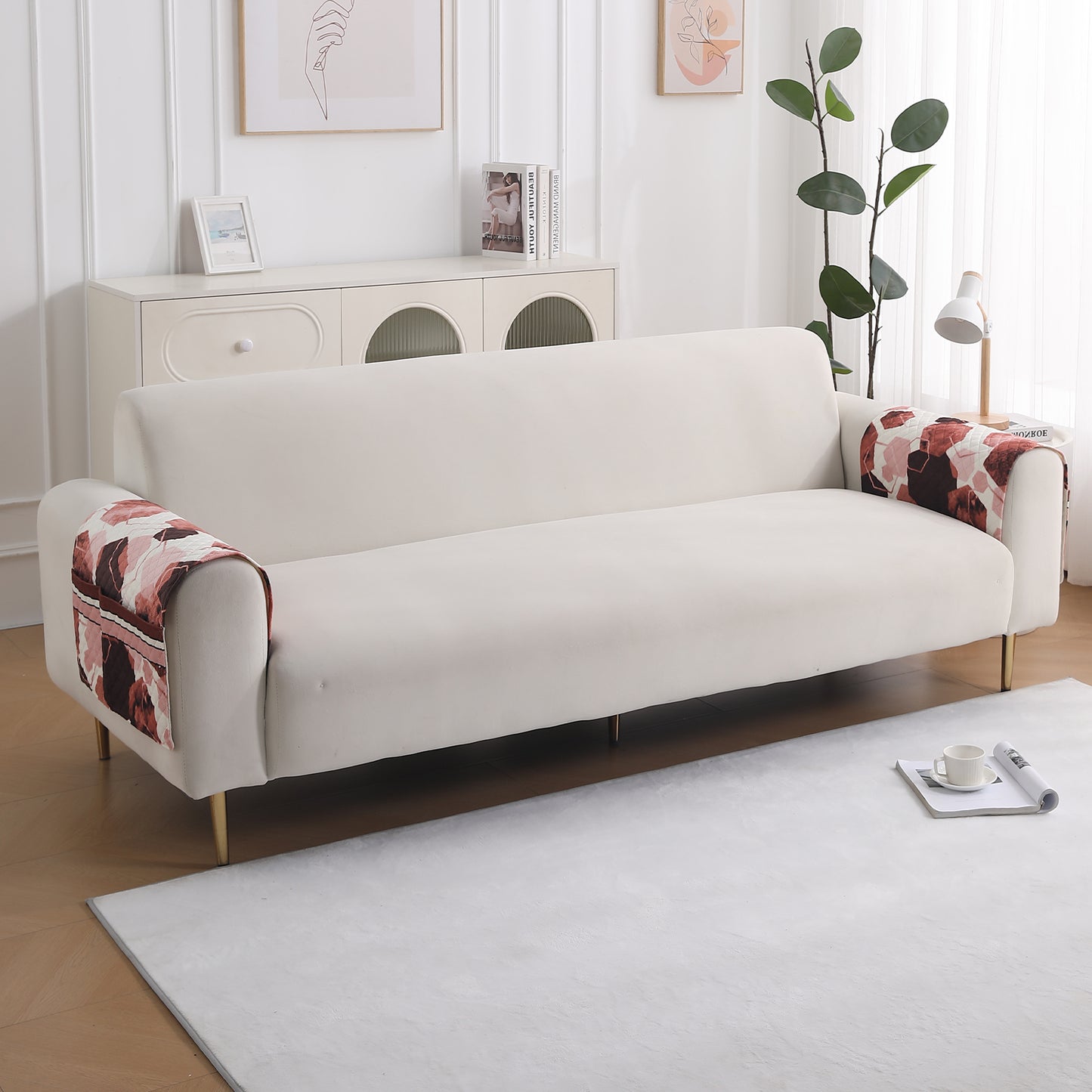 LiefNest Printed Holland Velvet Sofa Mat with Foam Filling - Geometric Hexagon Cider Red for 1/2/3 Seater & Armrest