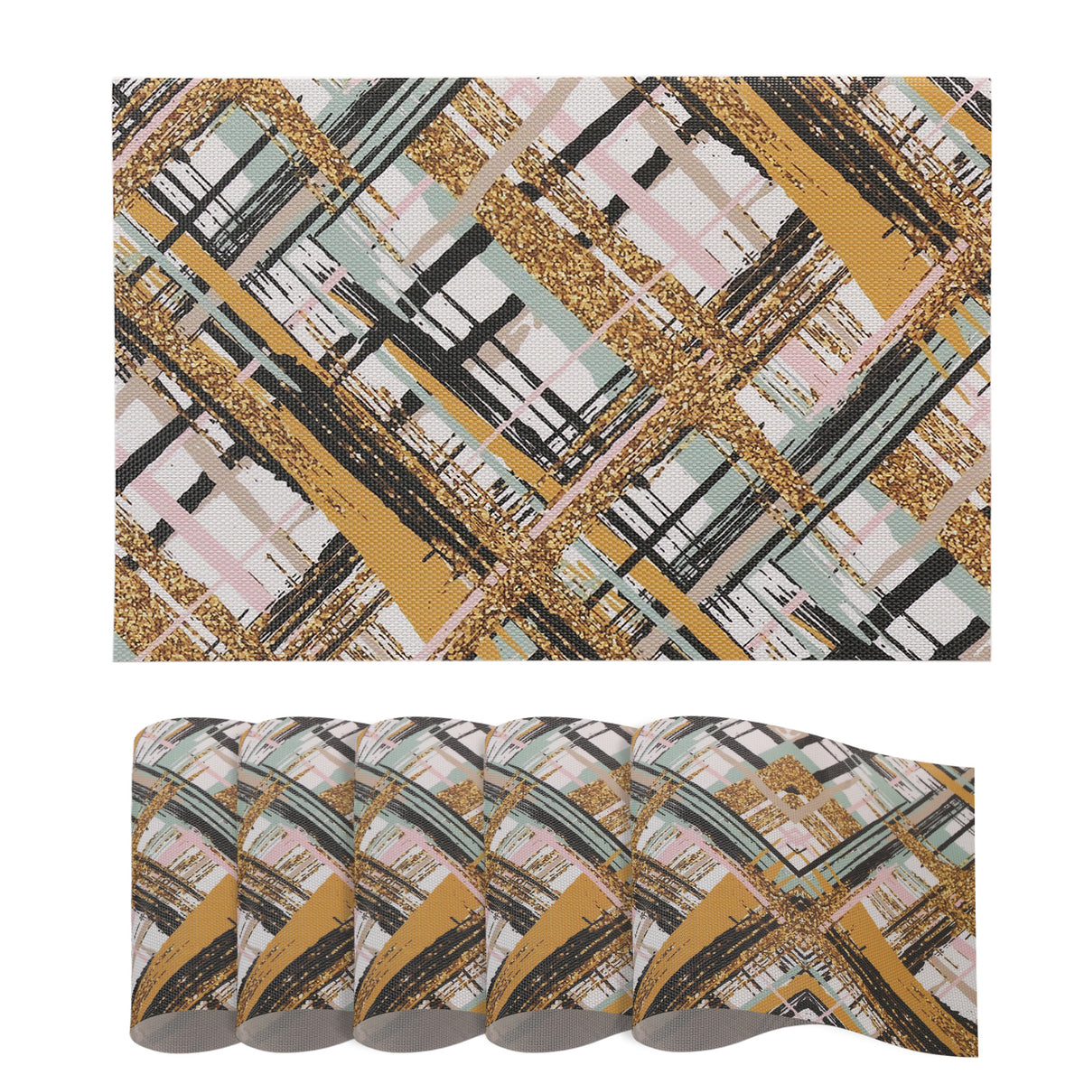 Marble Fusion PVC Mats for Dining Table, Crosshatch - Mustard Gold