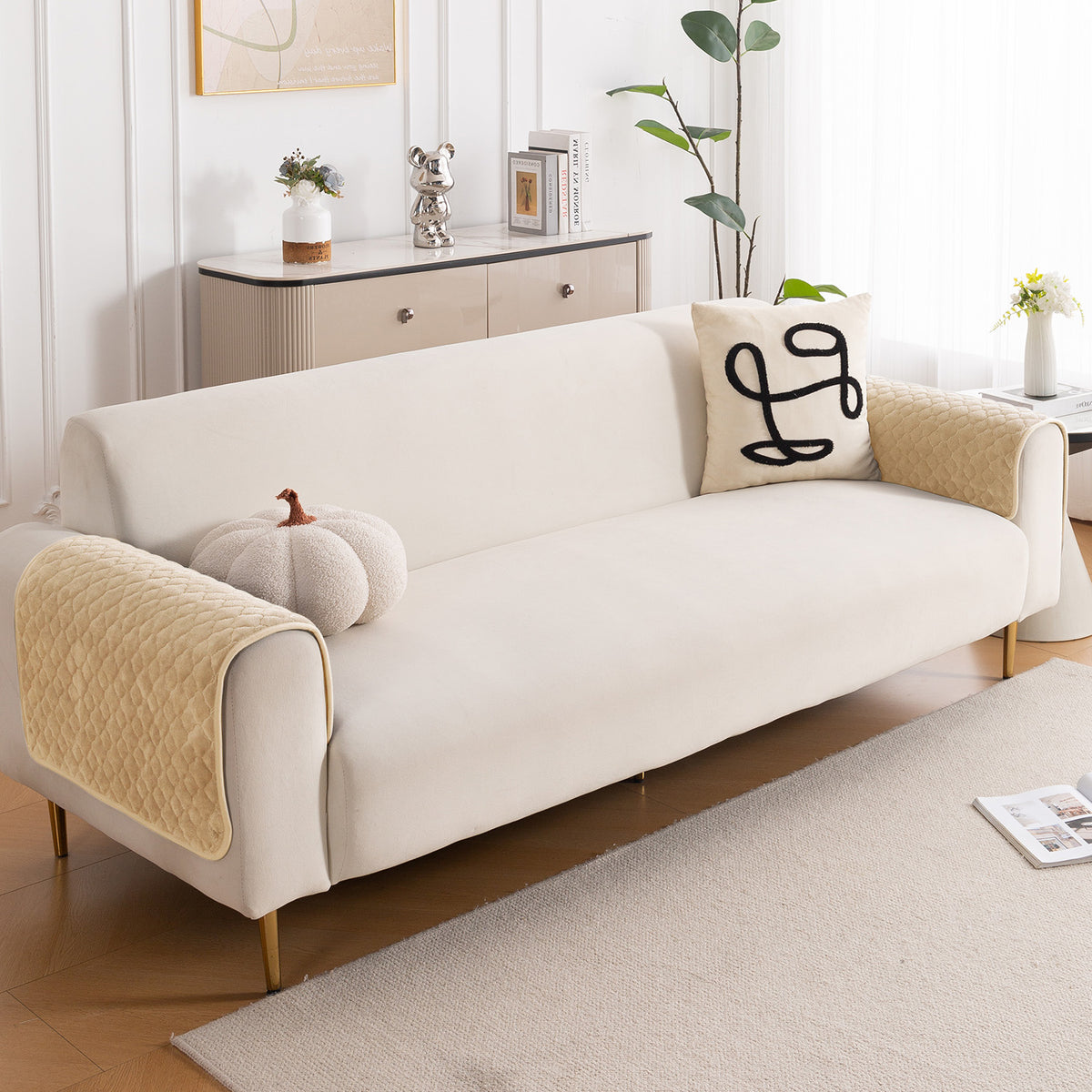 Diamond Plush Pebble Quilted Sofa Cover Mat, Beige
