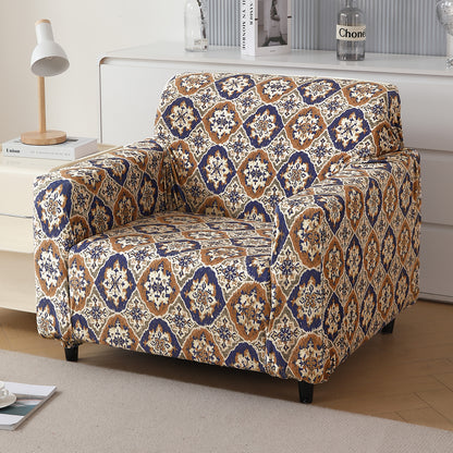 Premium Printed Velvet Sofa Cover 1/2/3 Seaters Fully Covered, Indigo Moroccan Charm