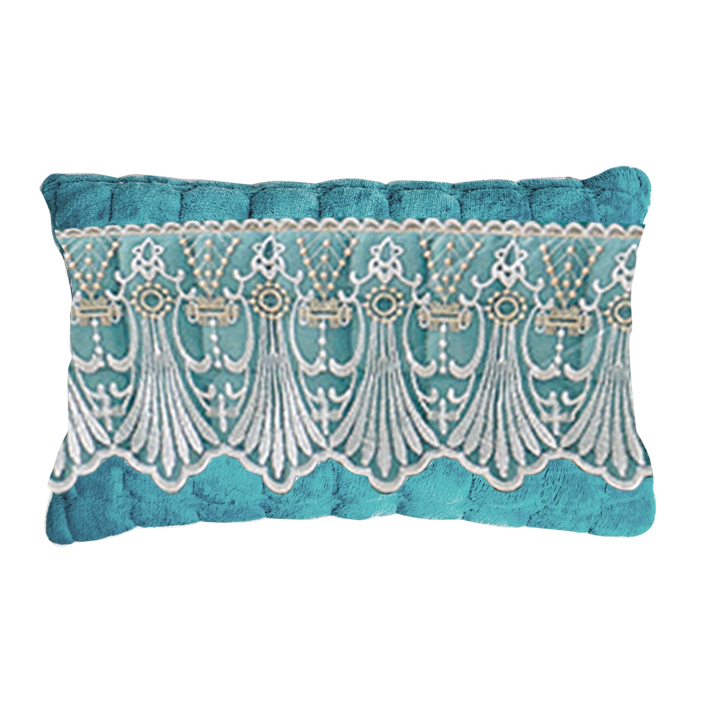 Premium Milk Velvet Sofa Cushion Cover with Lace Design, Teal