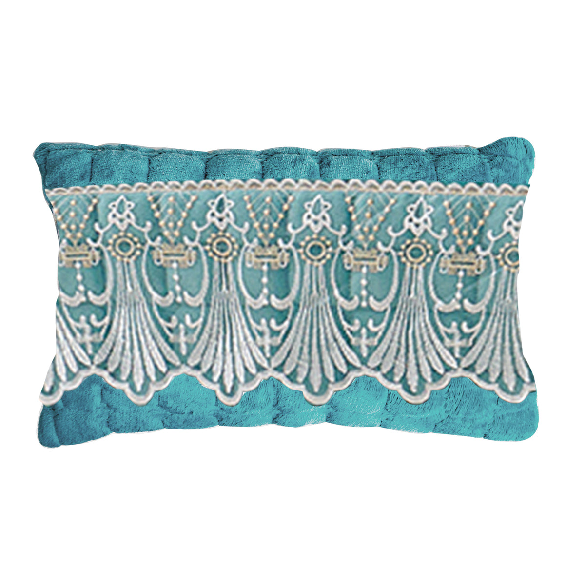 Premium Milk Velvet Sofa Cushion Cover with Lace Design, Teal