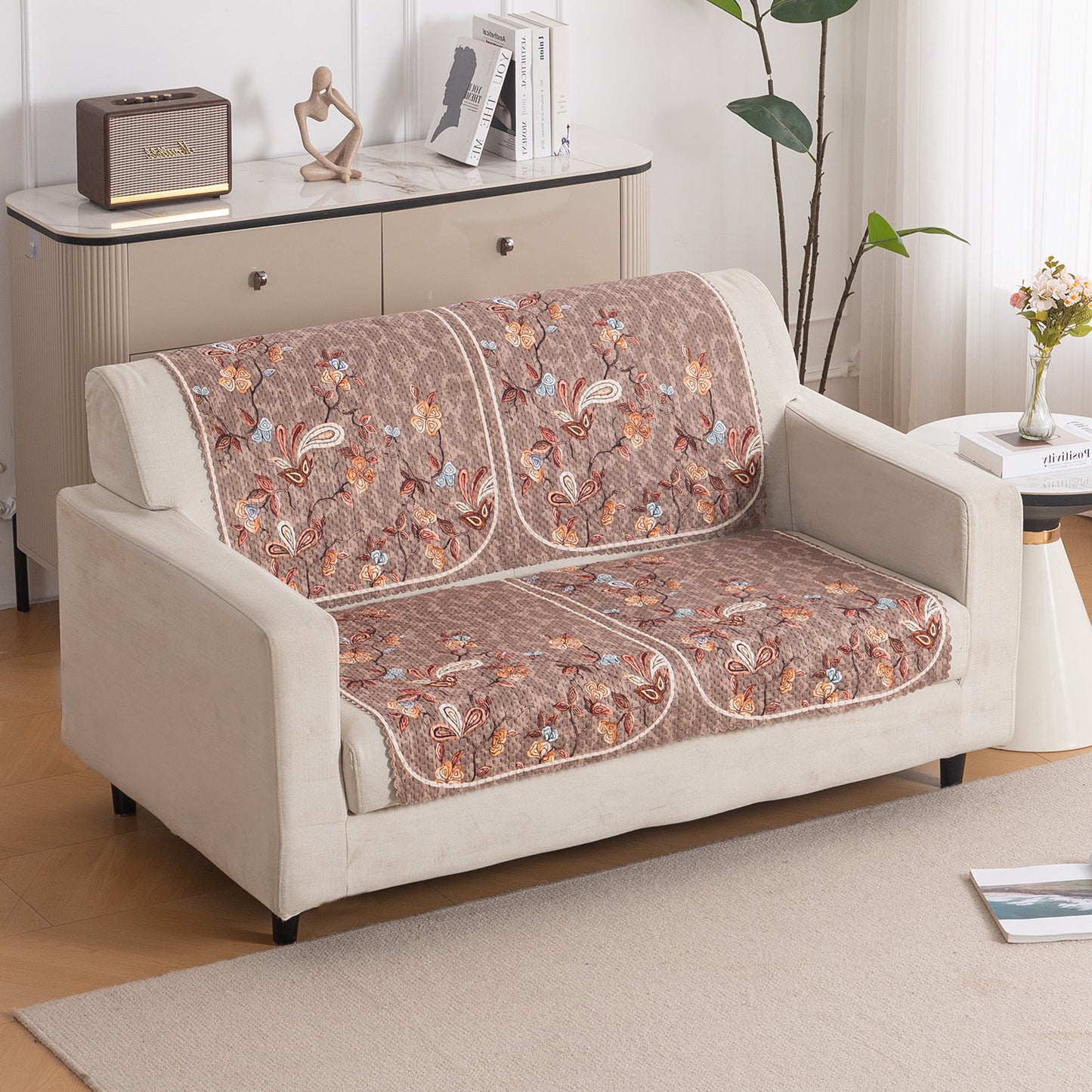 HeavenHue Fleece Soft Touch Quilted Sofa Cover Set Washable Sofa Panel for Seat & Bk - Vintage Bloom
